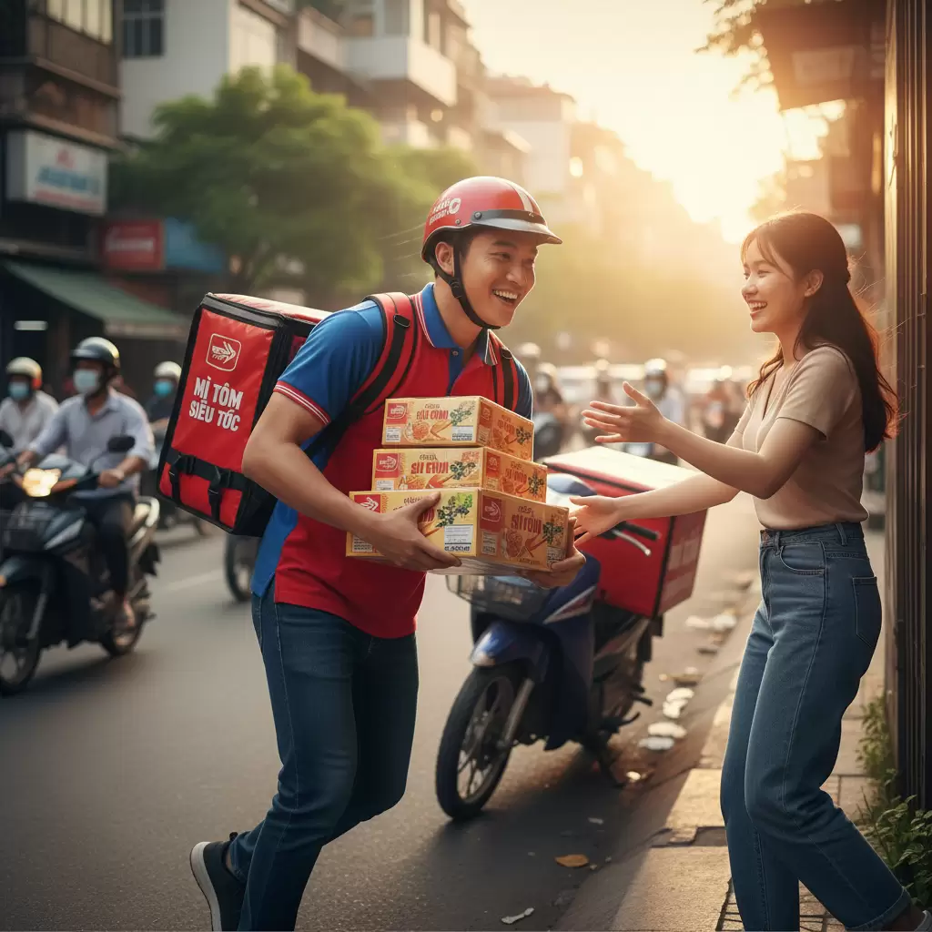 Dịch vụ giao hàng siêu tốc 2H đảm bảo mỳ tôm được vận chuyển nhanh chóng và an toàn đến tay người tiêu dùng