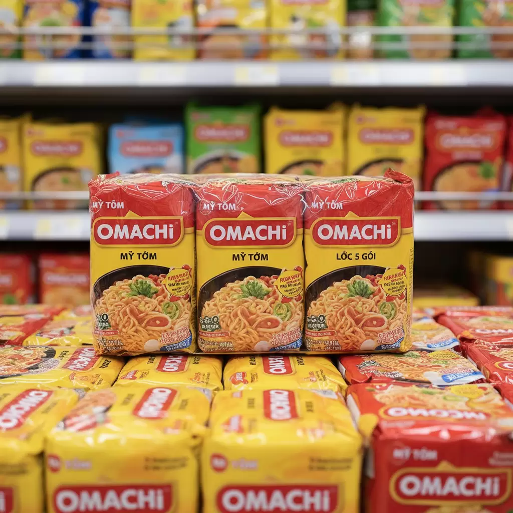 Omachi thường được bán theo lốc 5 gói để tối ưu hóa chi phí cho người tiêu dùng