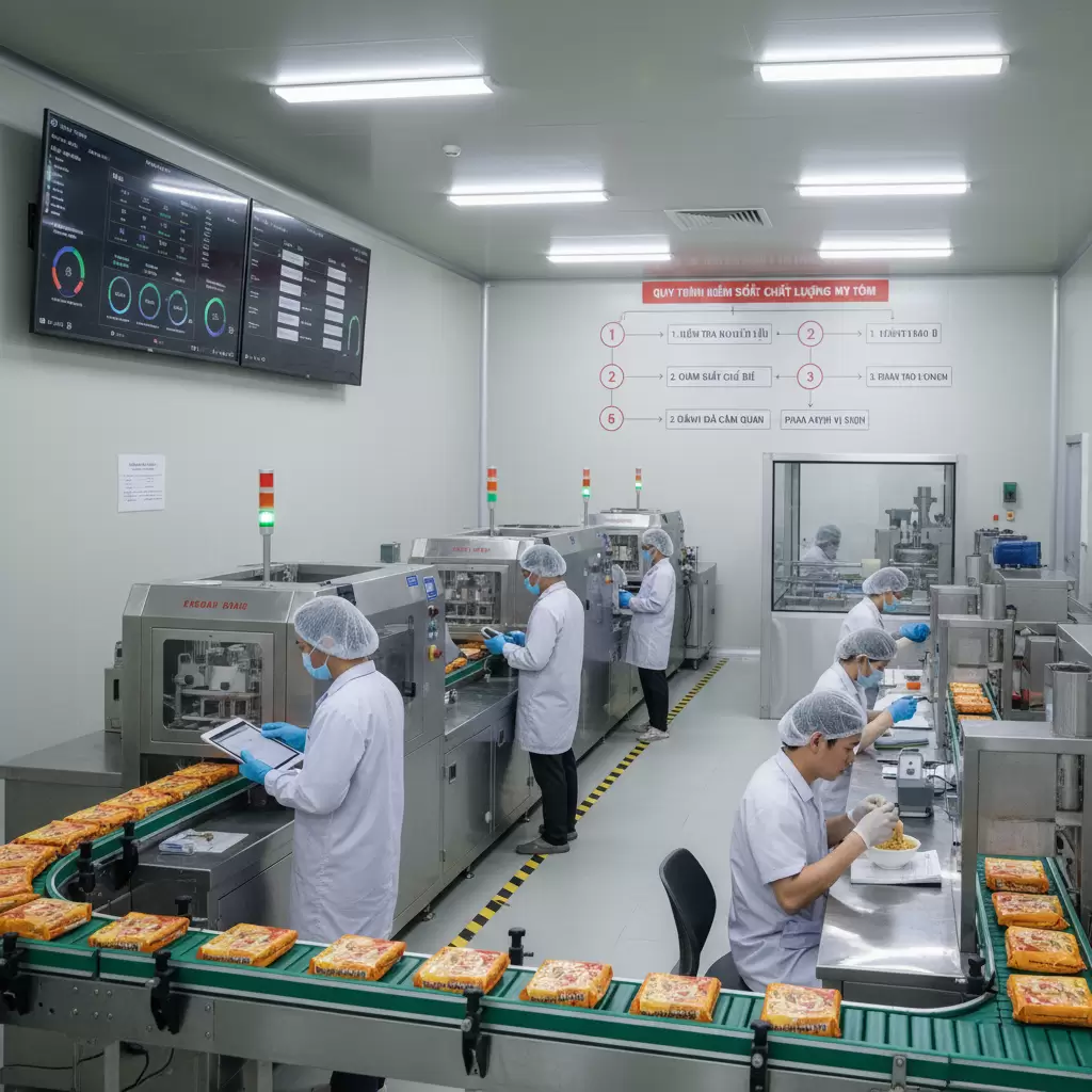gemini_image_1767116742-1 Quy trình sản xuất hiện đại khép kín và kiểm soát chất lượng nghiêm ngặt là yếu tố then chốt tạo nên mỳ tôm chất lượng cao