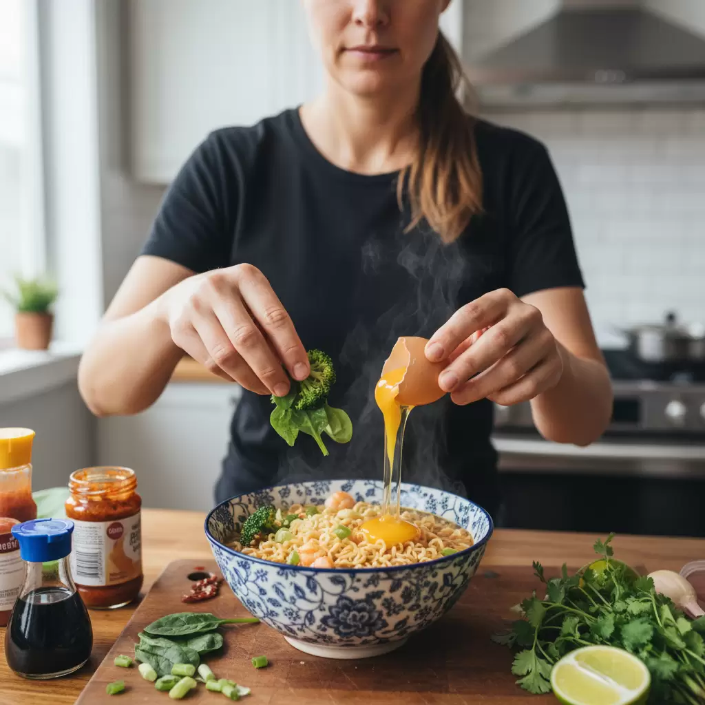 gemini_image_1767119809-1 Để tăng cường dinh dưỡng việc bổ sung rau xanh trứng hoặc thịt vào mỳ tôm là điều cần thiết