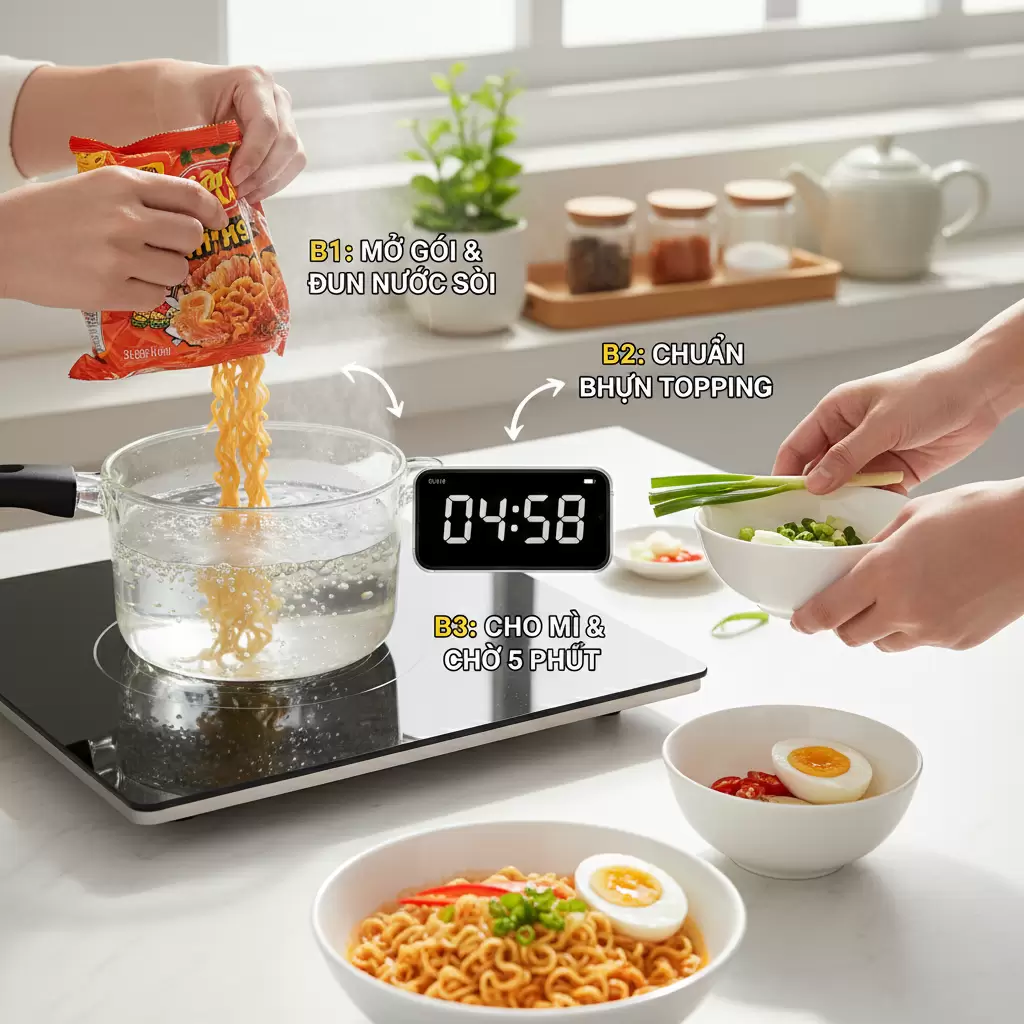 gemini_image_1767130287-1 Quy trình chuẩn bị mỳ tôm 5 phút tận dụng thời gian luộc mỳ để chần rau và protein