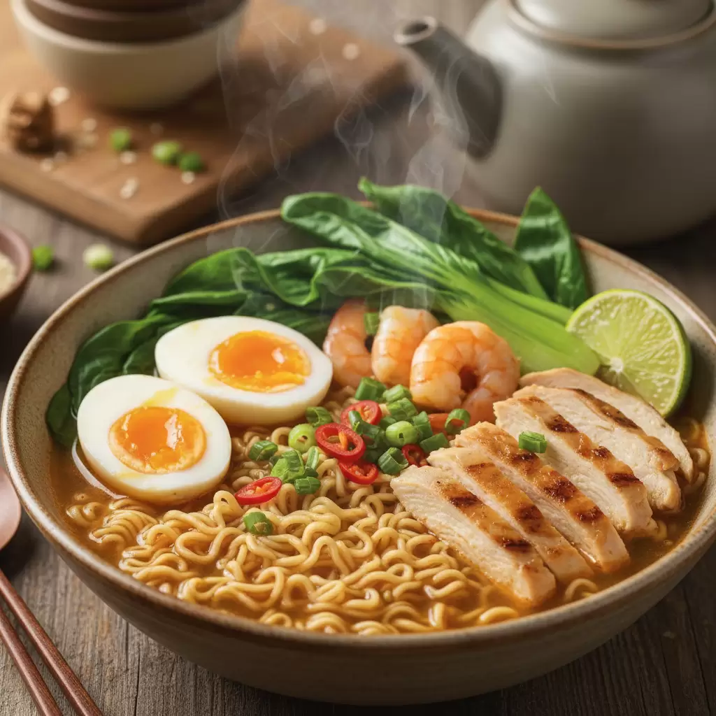 Bữa ăn mì tôm lành mạnh cho người cao tuổi cần phải được cân bằng với protein và rau xanh tươi